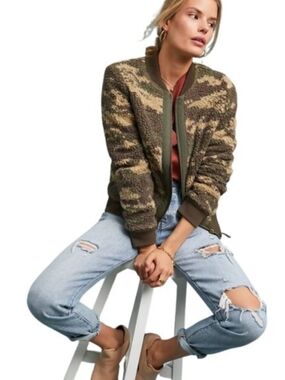 Anthropolgie Marrakech Camo Sherpa Bomber Jacket
